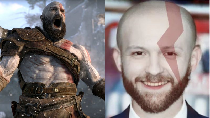 Kratos em God of War (Foto: Reprodução/Santa Monica Studio) e montagem de Tom Holland (Foto: Reprodução/ u/happi_botmun1538 no Reddit)