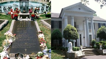 Lisa Marie Presley será enterrada ao lado do filho de do pai em Graceland - Túmulo de Elvis Presley em Graceland (Foto: Leon Morris/Redferns) / Frente da mansão Graceland no Tenessee, Estados Unidos (Foto: MANDEL NGAN/AFP via Getty Images)