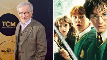 Steven Spielberg (Foto: Frazer Harrison / Equipe) e pôster de Harry Potter e a Pedra Filosofal (Foto: Divulgação / Warner)