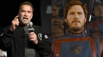 Arnold Schwarzenegger (Foto: Gaelen Morse/Getty Images) e Chris Pratt em Guardiões da Galáxia Vol. 3 (Foto: Cortesia de Marvel Studios. © 2023 MARVEL)