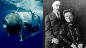 Submarino Titan (Foto: OceanGate Expeditions) e casal que morreu no acidente do Titanic (Foto: Reprodução)