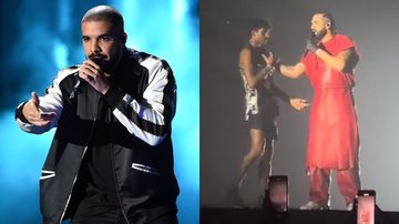 Drake (Kevin Winter/Getty Images) e rapper empurrando fã que invadiu palco (Foto: Reprodução/TikTok)