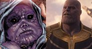 Thanos ainda bebê (Foto: Reprodução/Marvel) e em Vingadores: Guerra Infinita (Foto: Reprodução/Marvel)