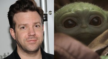 Jason Sudeikis e Baby Yoda (Foto 1: Reprodução/ Lucasfilm Foto 2: AP Photo/Evan Agostini)