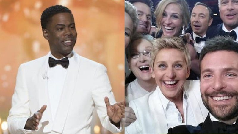 Chris Rock no Oscar 2016 (Foto: Reprodução) e Selfie das celebridades no Oscar 2014 (Foto: Reprodução)