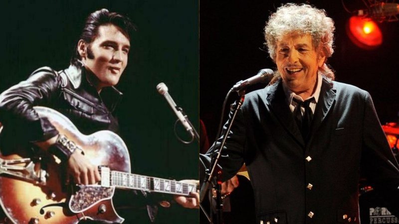 Montagem de Elvis Presley (Divulgação/NBC) e Bob Dylan (Chris Pizzello/AP)