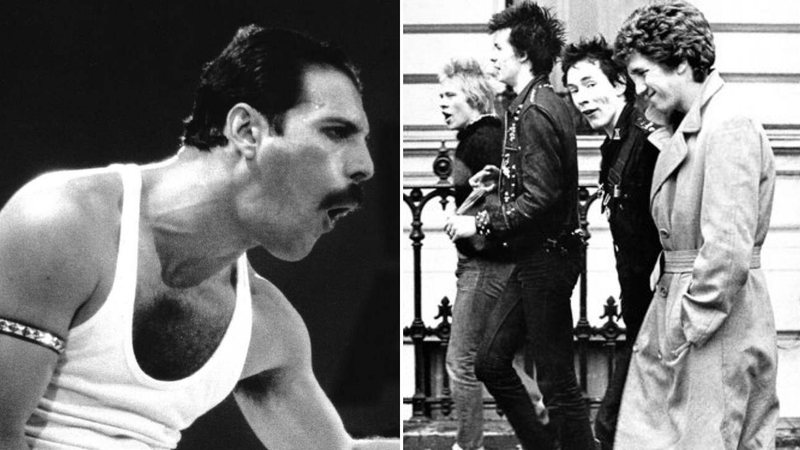 Freddie Mercury (Foto: Mark Allen / AP Photo) e Sex Pistols em 1977 (Foto: AP)