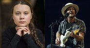 Montagem de Greta Thunberg e Eddie Vedder, do Pearl Jam (Foto 1: Reprodução/Instagram | Foto 2: Amy Harris / Invision / AP)