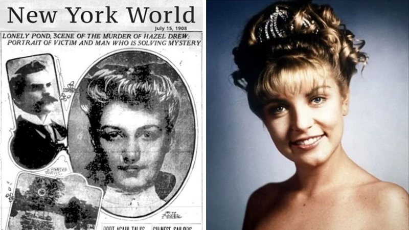 Recorte do jornal New York World (esq.) retratando morte de Hazel Drew e imagem de Laura Palmer em Twin Peaks (dir.) (Foto 1: Reprodução e Foto 2:Divulgação / ABC)