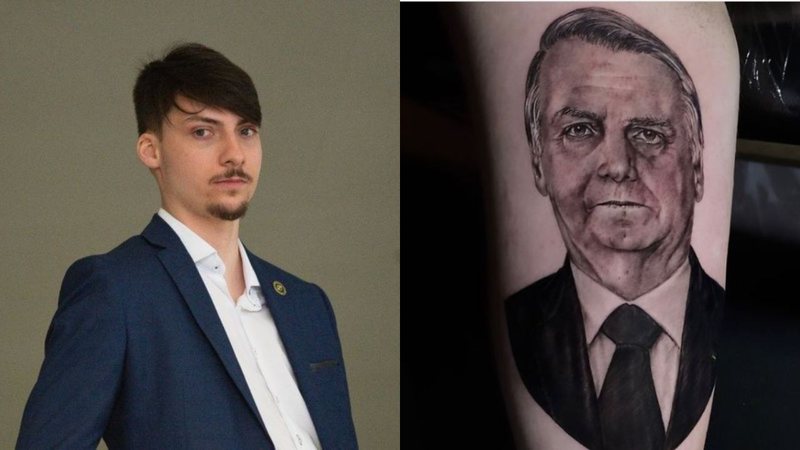 Montagem de Renan Bolsonaro, filho do presidente Jair Bolsonaro (Foto: Andressa Anholete/Getty Images) e a tatuagem do presidente (Foto: Reprodução/Instagram)
