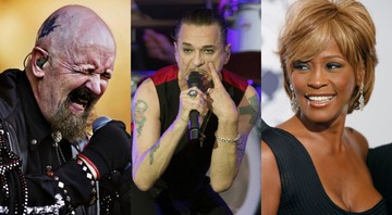 Montagem com Judas Priest (Foto: Carsten Snejbjerg/AP Images), Depeche Mode (Soeren Stache/picture-alliance/dpa/AP Images) e Whitney Houston (AP Photo/Matt Sayles)