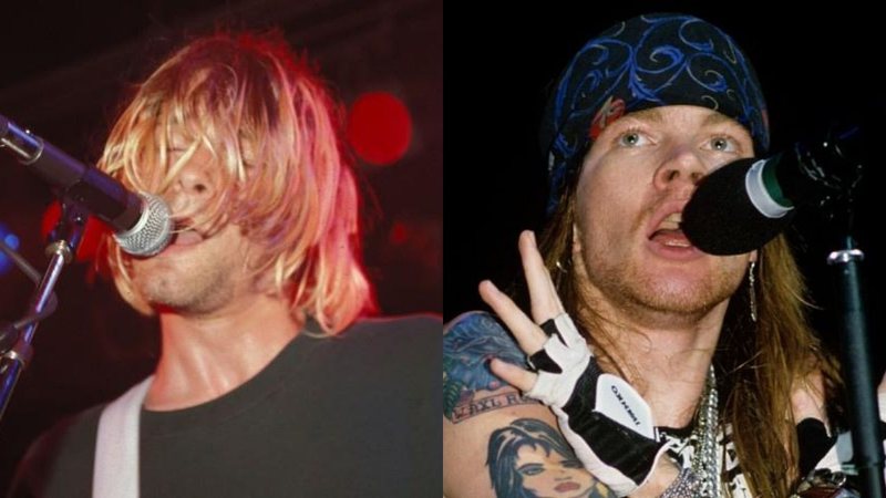 Kurt Cobain, do Nirvana, em 1991 (Foto: Kevin Estrada/MediaPunch/IPX) e Axl Rose em 1988 (Foto:Gene Ambo / MediaPunch /IPX)