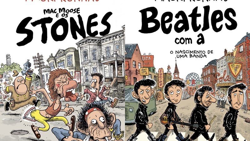 Capas das HQs <i>Beatles com A – O Nascimento de Uma banda</i> e <i>Mac Moose e os Stones</i> - Divulgação