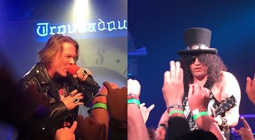 Axl Rose e Slash durante o show intimista no Troubadour, em Los Angeles (Estados Unidos), que marcou a primeira vez em que eles (e Duff McKagan) tocaram juntos, no mesmo palco, desde uma apresentação em Buenos Aires, na Argentina, em 17 de julho de 1993. - Reprodução/Instagram