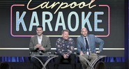 <b>Alto e bom som</b><br>
James Corden (<i>ao centro</i>) com Ben Winston e Eric Pankowski, da CBS TV, em um painel falando sobre o Carpool Karaoke – The Series, exclusivo para a Apple Music - Richard Shotwell/Invision/AP