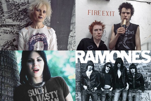 Vivienne Westwood; Johny Rotten e Sid Vicious, do Sex Pistols; Joan Jett, do The Runaways e capa do disco <i>Ramones</i> (1976) — símbolos da era punk - AP/Reprodução