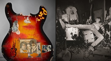 Guitarra antiga de Kurt Cobain e imagem do Nirvana, ambos presentes na exposição sobre a banda, <i>Taking Punk to the Masses</i> - Divulgação