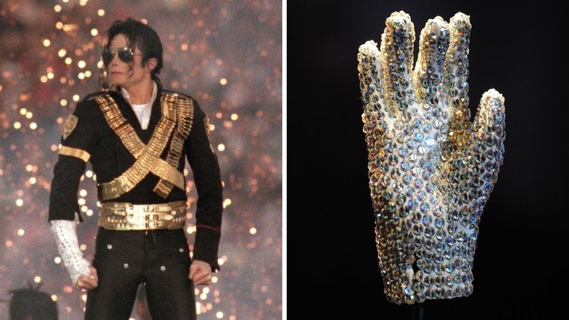 Michael Jackson no Superbowl (foto: Getty Images/George Rose) e luva icônica do Rei do Pop (Foto: Samir Hussein/Correspondente)