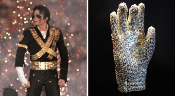 Michael Jackson no Superbowl (foto: Getty Images/George Rose) e luva icônica do Rei do Pop (Foto: Samir Hussein/Correspondente)