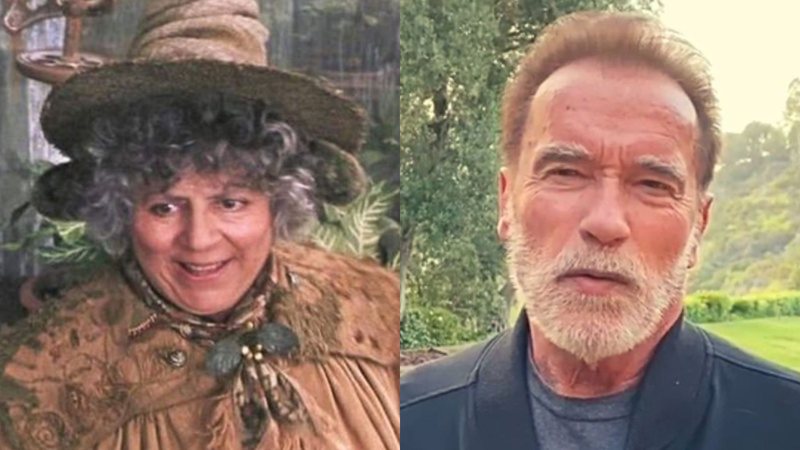 Miriam Margolyes como professora Sprout (Foto: Reprodução/Wraner Bros.) e Arnold Schwarzenegger (Foto: Reprodução)