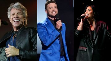 Jon Bon Jovi, Justin Timberlake e Demi Lovato (Foto 1: John Shearer/AP) (Foto 2: Ricardo Matsukawa/ Mercury Concerts) (Foto 3: Kevin Winter/Getty Images for Bud Light Super Bowl Music Fest)