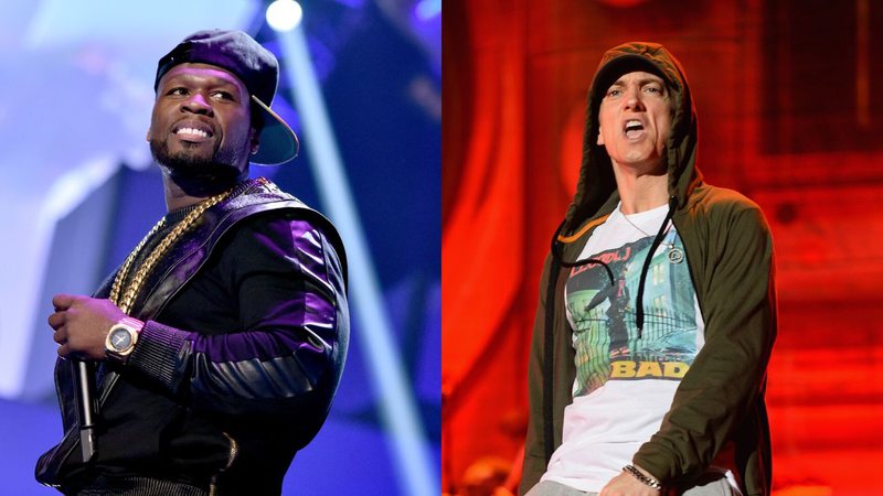 Montagem com 50 Cent (Foto: Kevin Winter / Getty Images for iHeartMedia) e Eminem (Foto: Theo Wargo / Getty Images)