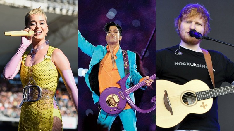 Montagem com Katy Perry (Foto:Chris Pizzello/Invision/AP), Prince (Chris O'meara/AP Images) e Ed Sheeran (Ben Birchall/AP)