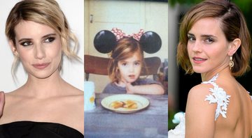 Montagem de Emma Roberts (Foto: Dan Steinberg / Invision / AP), foto de infância de Emma Roberts e Emma Watson (Foto: Joe Maher/Getty Images)