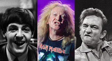 Paul McCartney(Foto: Dalmas Sipa Press / AP Images), Iron Maiden (Foto: Diego Padilha / I Hate Flash) e Johnny Cash (Foto: Cortesia de Jim Marshall e Reel Art Press)