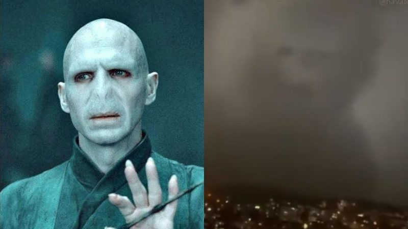 Montagem de Voldemort (Reprodução) e de tempestade na Turquia (Reprodução/Twitter)