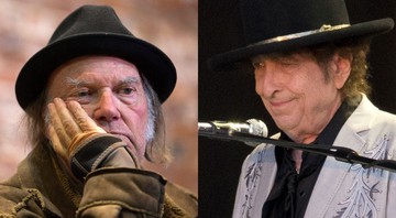 Neil Young e Bob Dylan ( Foto 1: Darryl Dyck/The Canadian Press/AP; Foto 2: Isabel Infantes/PA Wire / Via AP Images)