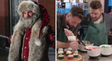 Kurt Russell como Papai Noel em Crônicas de Natal (Foto: Reprodução/Netflix) e cena de Sugar Rush de Natal (Foto: Reprodução/Netflix)