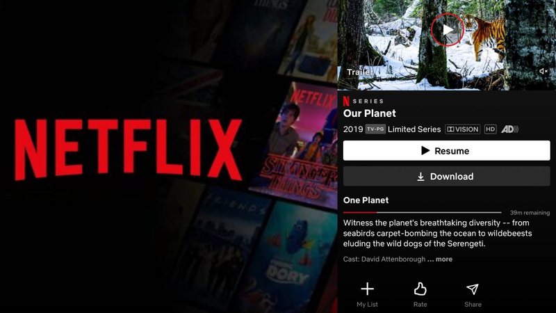 Netflix adicionou pop-ups no menu de cada filme, indicando que um título suporta descrição de áudio (AD) - (Foto: Reprodução/Netflix)