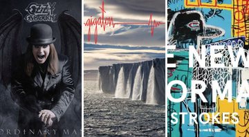 Capa dos discos: Ordinary Man, do Ozzy Osbourne; Gigaton, do Pearl Jam e The New Abnormal, do The Strokes (Fotos:Reprodução)