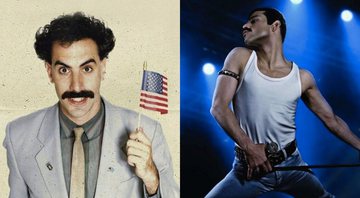 Sacha Baron Cohen em Borat: Fita de Cinema Seguinte (Foto: Reprodução/Amazon Prime Video) e Rami Malek em Bohemian Rhapsody (Foto: Reprodução)