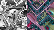Obra Relatividade, de M. C. Escher e Série Round 6 (Foto: Reprodução)