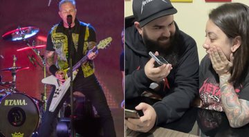 James Hetfield, do Metallica, e o casal Joice e Jaime, pais de Luan, que nasceu em show no último sábado (7): ligação e emoção - Reprodução/@MRossifoto/ Divulgação