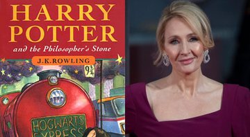 None - 1ª edição de Harry Potter e a Pedra Filosofal (Foto: Reprodução) e J. K. Rowling (Foto: John Phillips / Getty Images)