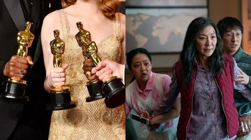 Atores segurando prêmios do Oscar em 2017 (Foto: Frazer Harrison/Getty Images) e elenco de Tudo em Todo o Lugar ao Mesmo Tempo (Foto: Divulgação/A24)