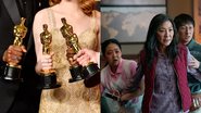 Atores segurando prêmios do Oscar em 2017 (Foto: Frazer Harrison/Getty Images) e elenco de Tudo em Todo o Lugar ao Mesmo Tempo (Foto: Divulgação/A24)