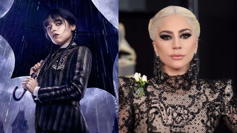 Wandinha (Foto: Divulgação/Netflix) e Lady Gaga no Grammy 2018 (Foto: Jamie McCarthy/Getty Images)