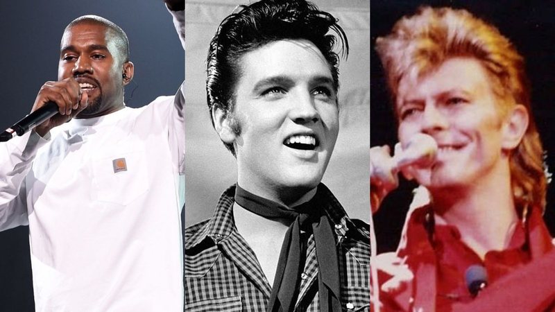 Kanye West (Foto: Getty Images), Elvis Presley (Foto: Reprodução) e David Bowie (Foto: Wikimedia Commons)