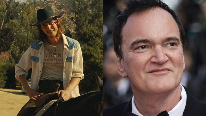 Austin Butler em Era uma Vez em... Hollywood (Foto: Reprodução/Columbia Pictures) e Quentin Tarantino (Foto: Vianney Le Caer/ Invision/AP)