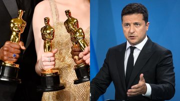 Artistas com suas estatuetas no Oscar 2017 (Foto: Frazer Harrison/Getty Images) e Volodymyr Zelensky (Foto: Stefanie Loos-Pool/Getty Images)