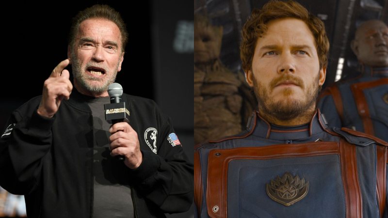 Arnold Schwarzenegger (Foto: Gaelen Morse/Getty Images) e Chris Pratt em Guardiões da Galáxia Vol. 3 (Foto: Cortesia de Marvel Studios. © 2023 MARVEL)