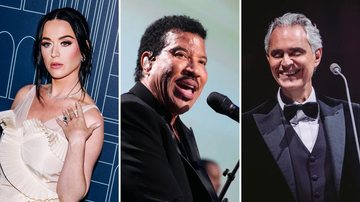 Katy Perry (Foto: Nina Westervelt / Getty Images), Lionel Richie (Foto: Divulgação) e Andrea Bocelli (Foto: Luca Rossetti)