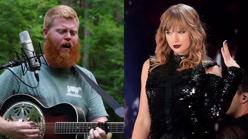 Oliver Anthony cantando 'Rich Men North Of Richmond' (Foto: Reprodução/YouTube) e Taylor Swift (Foto: Kevin Winter/Getty Images for TAS)