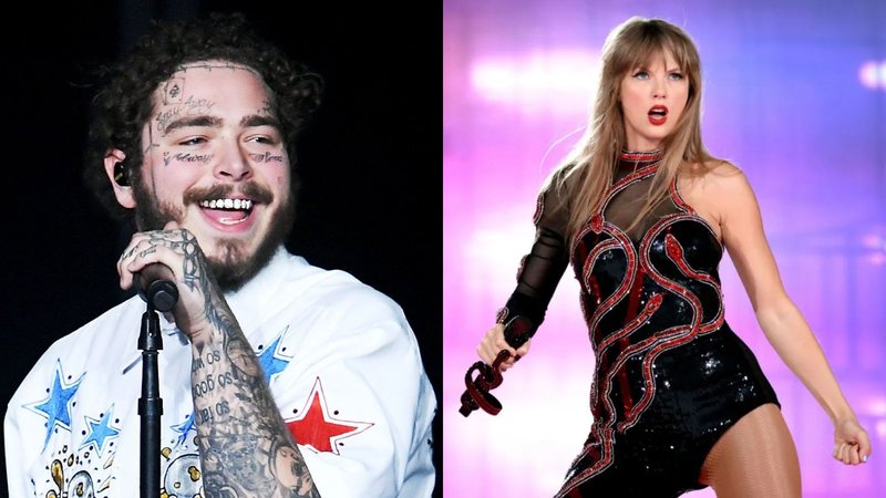 Post Malone (Foto: Kevin Winter/Getty Images for Bud Light Super Bowl Music Fest) e Taylor Swift na 'The Eras Tour' (Foto: John Shearer/Getty Images)