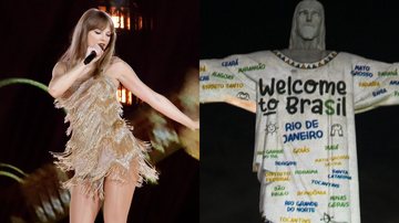 Taylor Swift (Foto: Kevin Winter/Getty Images) e homenagem à cantora no Cristo Redentor (Foto: Reprodução/Twitter)