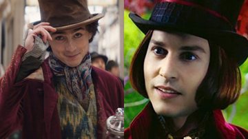 Timothée Chalamet como Willy Wonka, em 'Wonka' (Foto: Divulgação) e Johnny Depp como Willy Wonka (Foto: Reprodução)